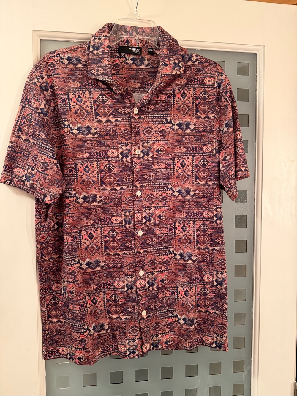 Murano Short-Sleeve Button-Up Shirt in Multi-Color Aztec Print L